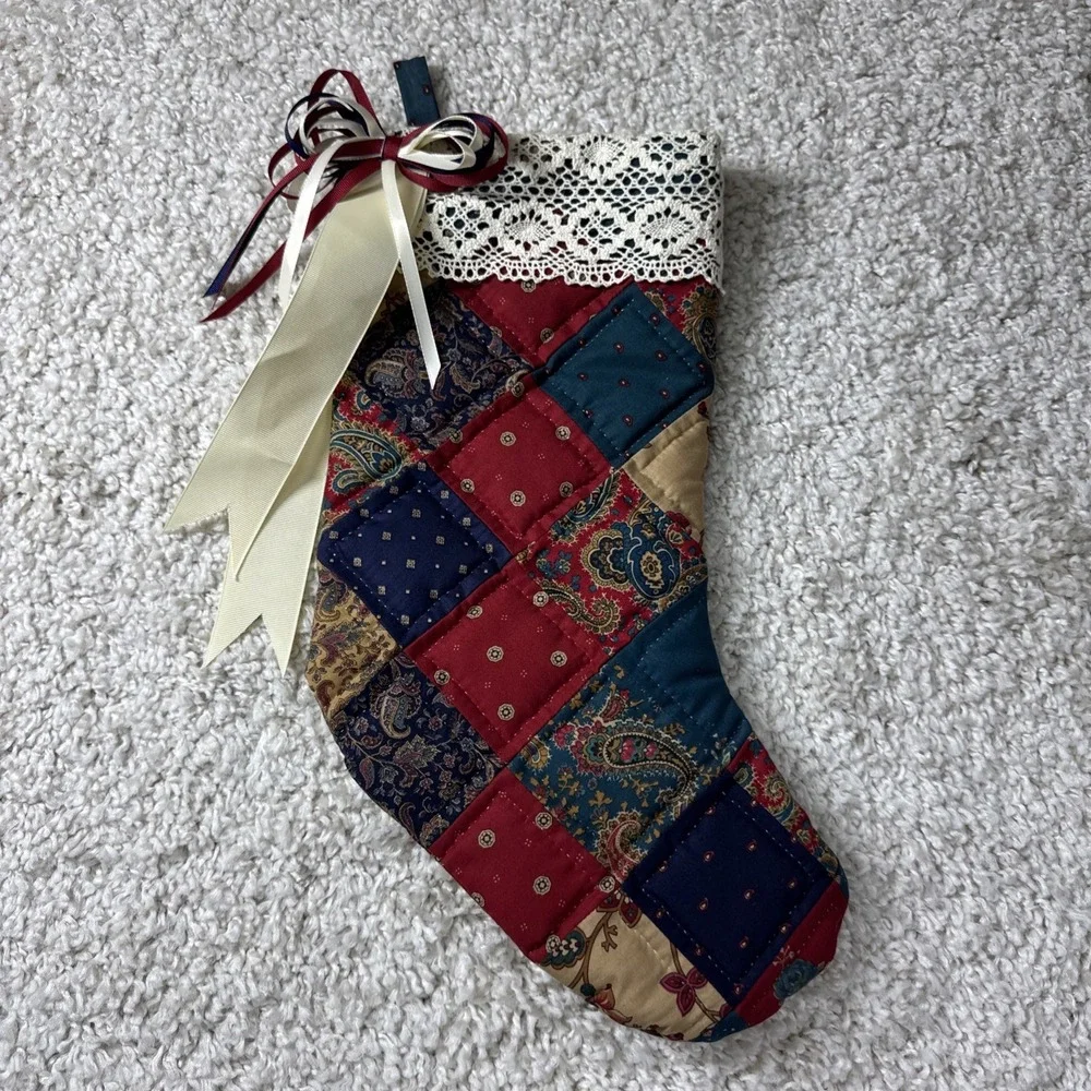 VINTAGE Quilt Lace CHRISTMAS STOCKING Hand Stitched Cottagecore